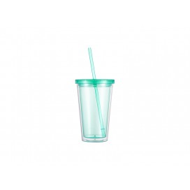 Sublimation 16OZ/473ml Double Wall Clear Plastic Tumbler with Straw & Lid (Light Green)(10/pack)